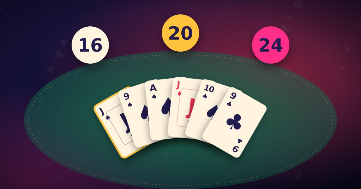 Bidding in 29: a hand of strong cards with bid numbers 16, 20 and 24 rising above it