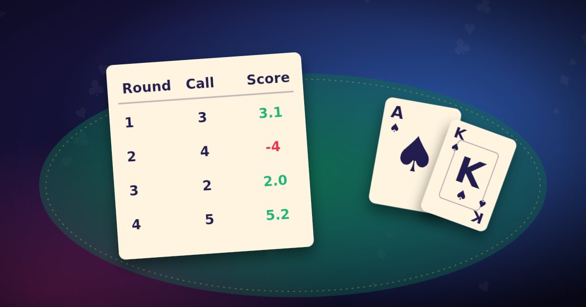 Callbreak scoring: a score sheet with calls and tricks next to a spade card