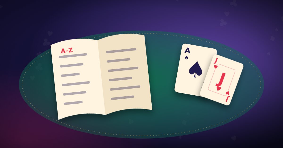 Card game terms: an open glossary book next to a trump card and a trick
