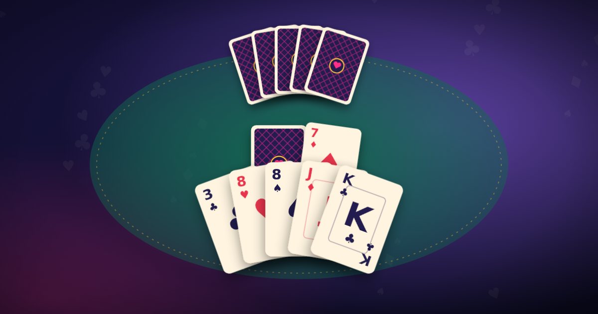 Card games for two: two hands of cards facing each other across a small table