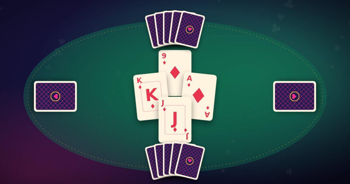 Card games for four: four hands of cards around a table with a trick in the middle