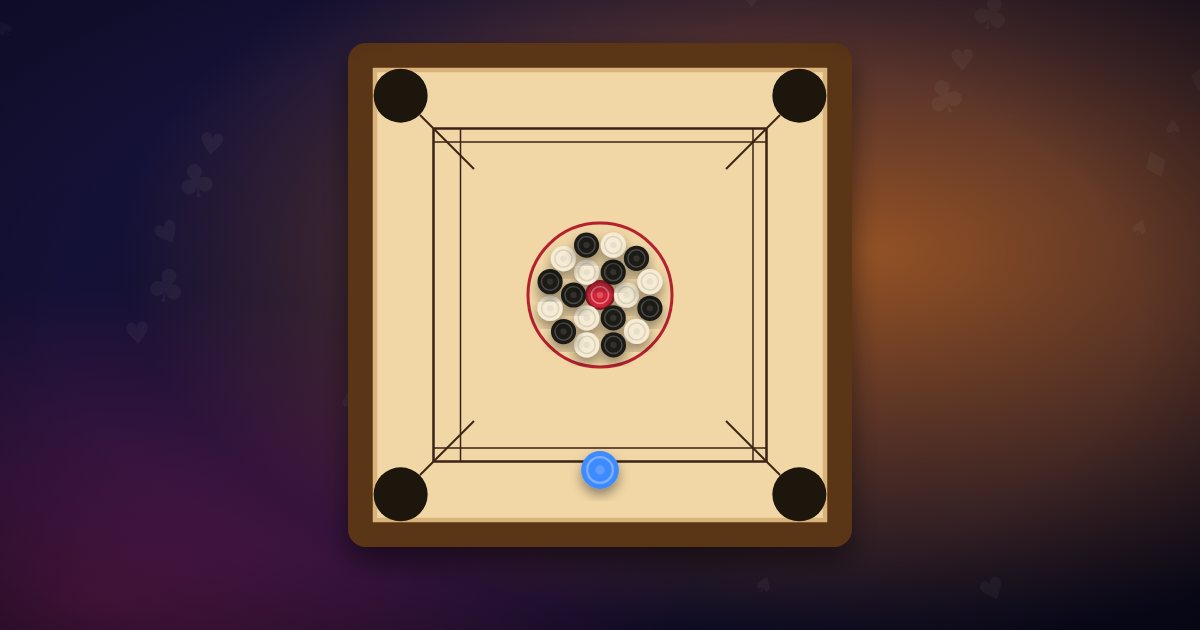 A carrom board with the queen and coins in the centre circle and a striker on the baseline