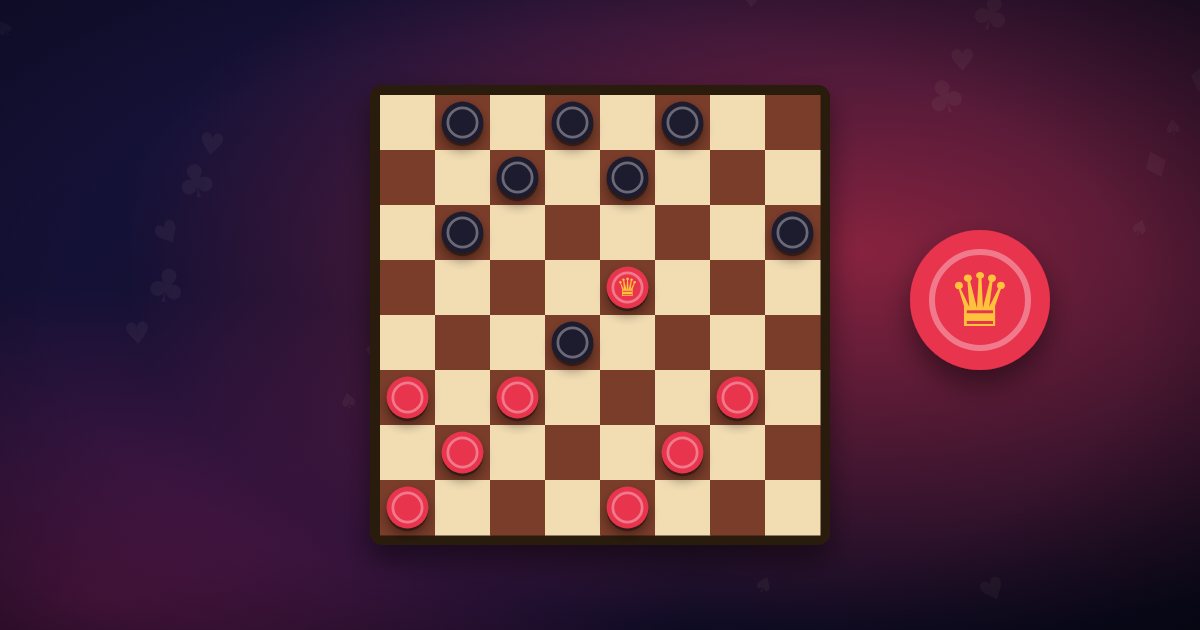 A checkers board with red and black pieces and a crowned king