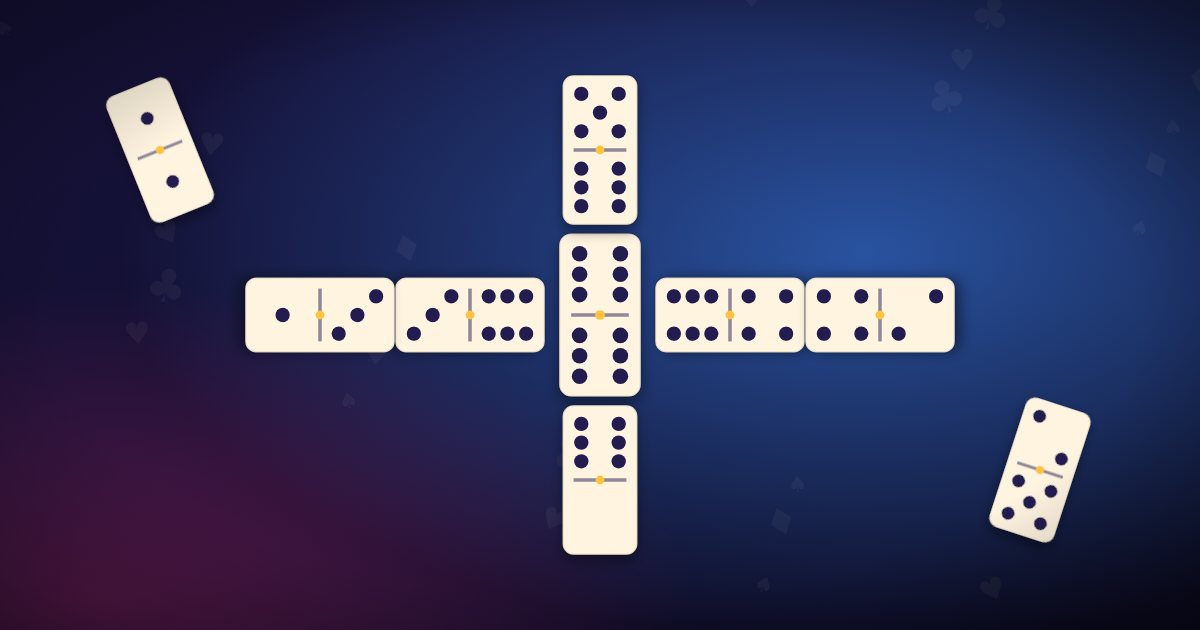 Dominoes: a line of double-six tiles laid end to end with a spinner