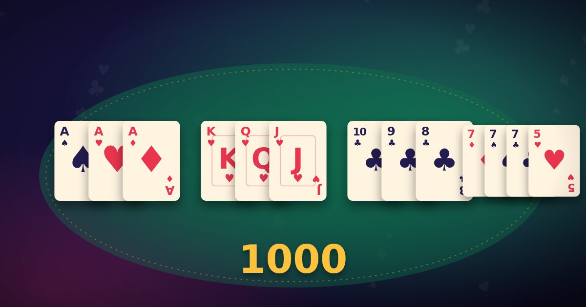 Hazari: thirteen cards sorted into four groups on a green table