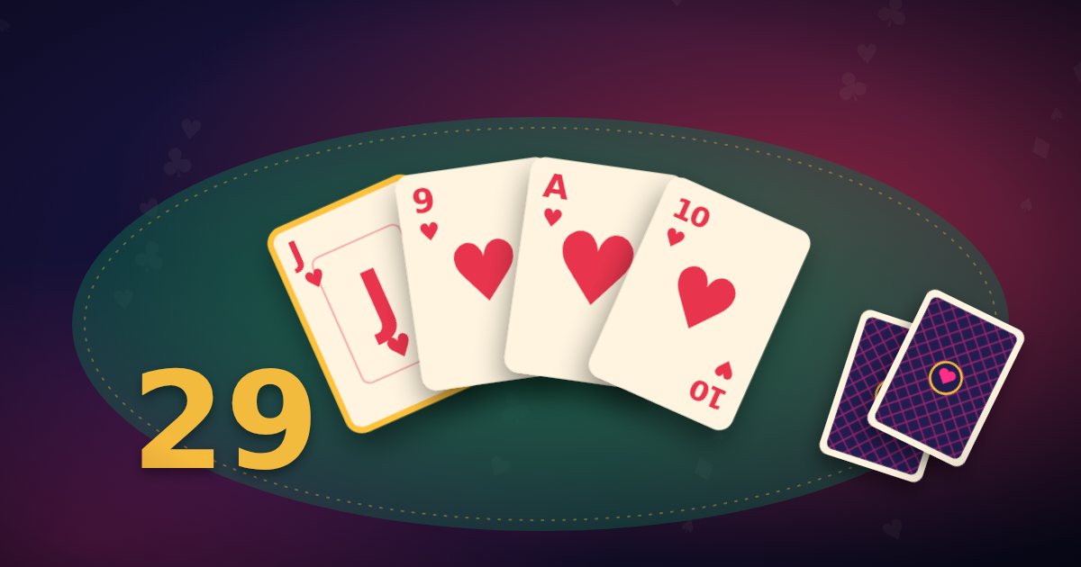 The four top cards of the 29 card game: jack, nine, ace and ten of hearts fanned on a green table