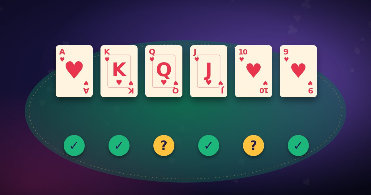 Remembering cards: played cards in a tidy row with the missing ones highlighted