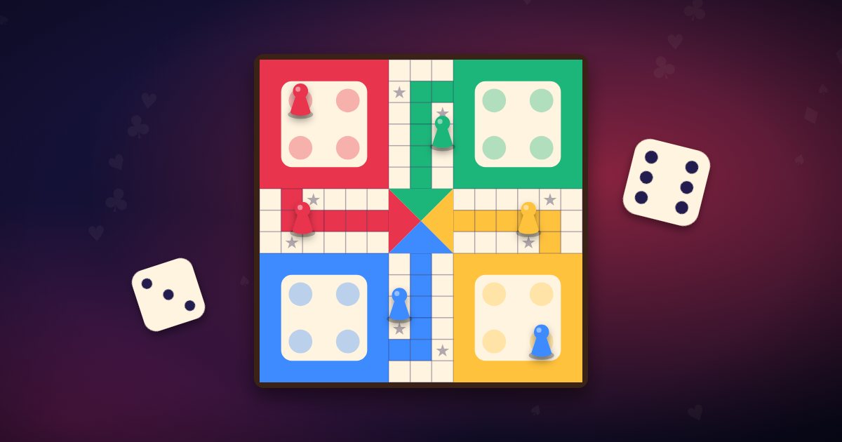 A Ludo board with red, green, yellow and blue tokens and a die