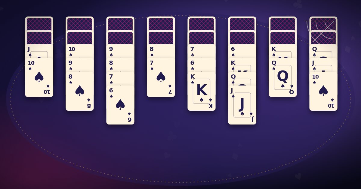 Spider solitaire: long cascades of spades built from king down to ace, with a spider web
