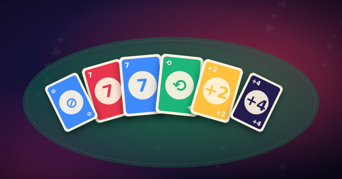 Colourful shedding-game cards: number cards, a skip, a reverse and a draw two on a discard pile