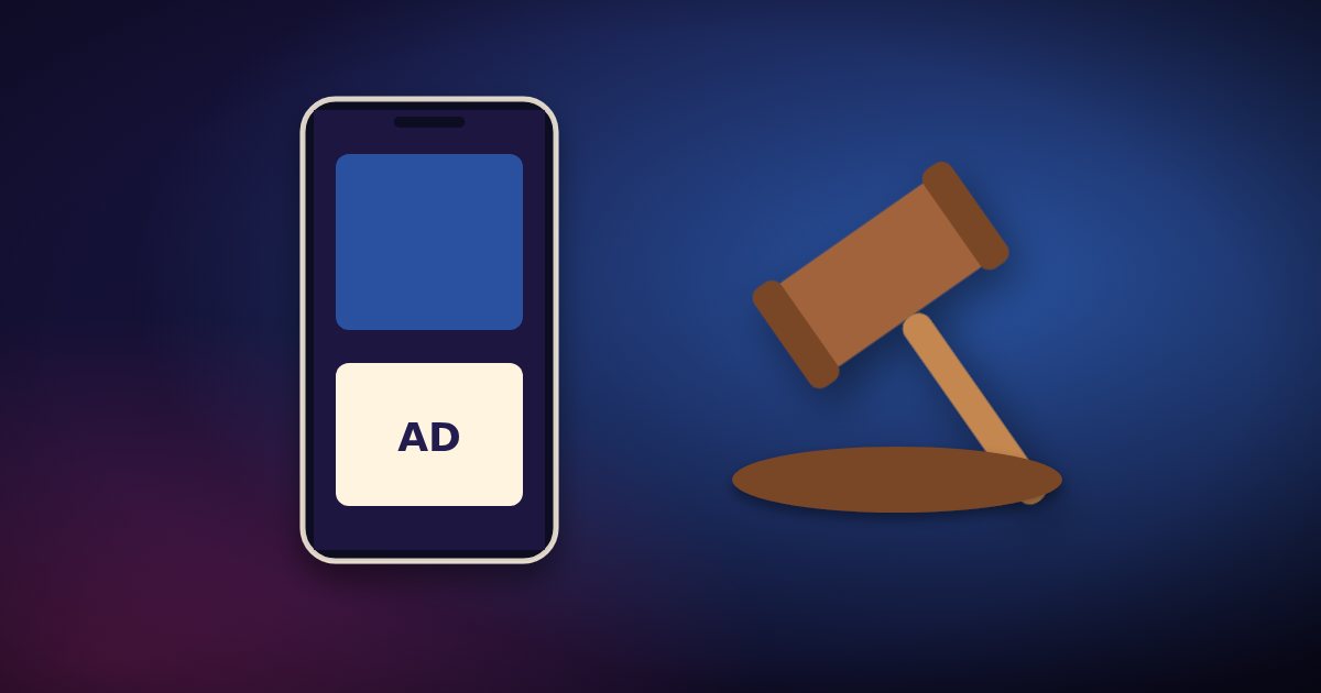A judge’s gavel beside a phone showing a mobile ad, representing an ad-tech lawsuit