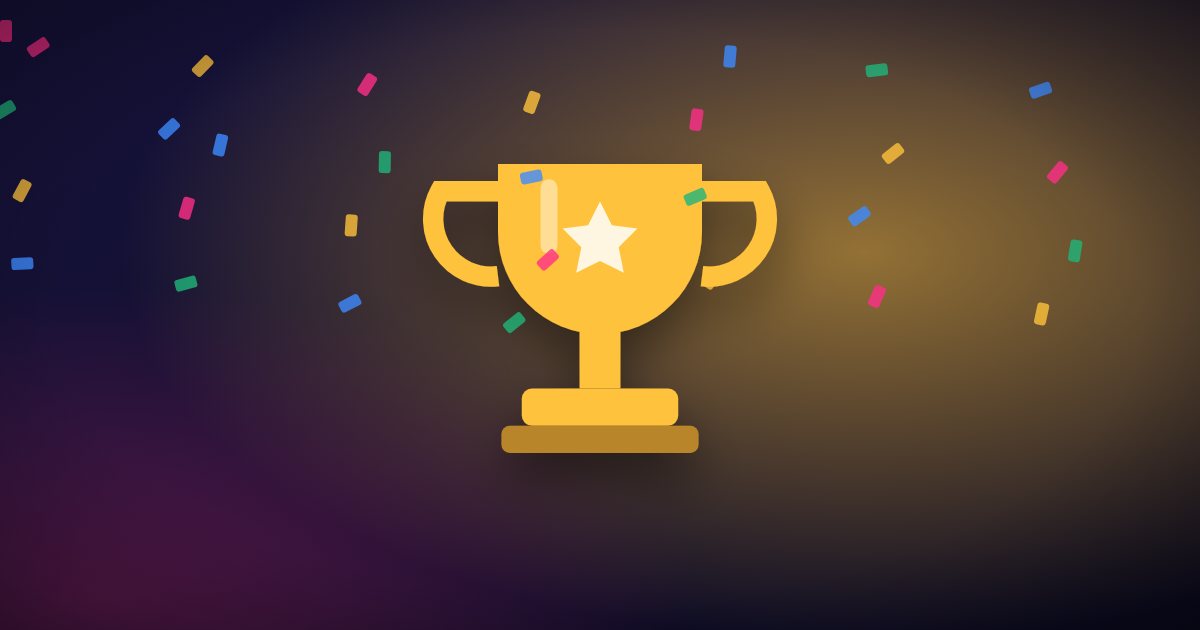 A golden trophy on a stage with confetti, for an esports club championship