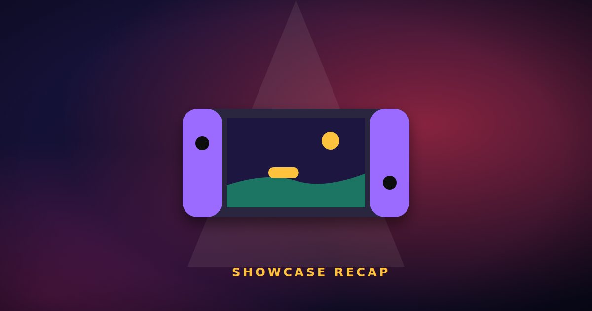 A handheld games console under a spotlight on a stage, for a showcase recap