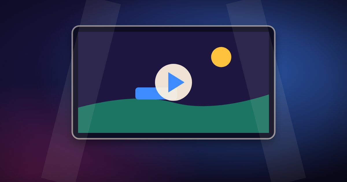 A large presentation screen with a play button and stage lights, for a games showcase
