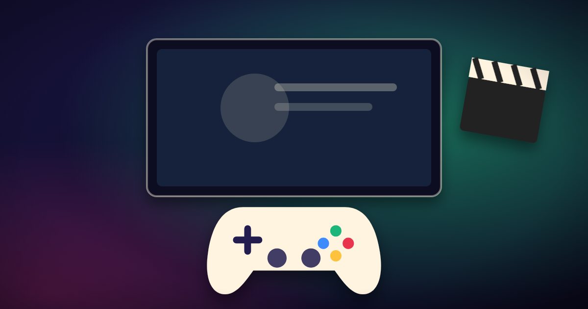 A game controller in front of a cinematic screen with a film slate, for a showcase reveal